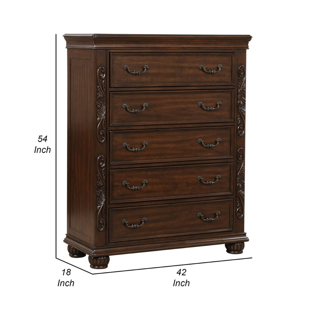 Akil 54 Inch Tall Dresser with 5 Drawers Floral Carved Cherry Brown Wood By Casagear Home BM309535