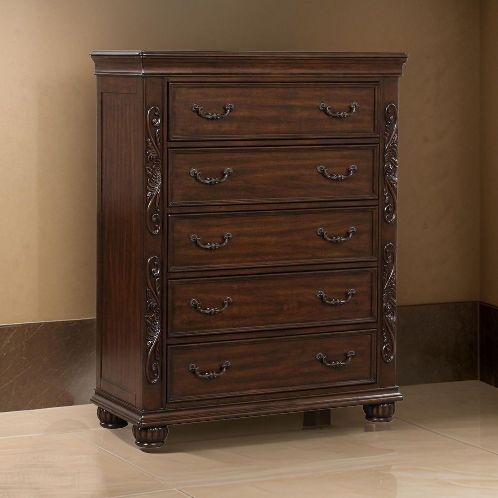 Akil 54 Inch Tall Dresser with 5 Drawers Floral Carved Cherry Brown Wood By Casagear Home BM309535