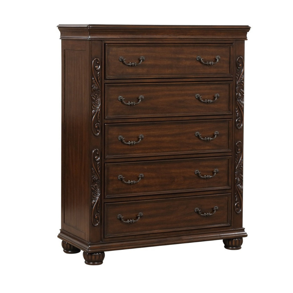 Akil 54 Inch Tall Dresser with 5 Drawers, Floral Carved Cherry Brown Wood By Casagear Home