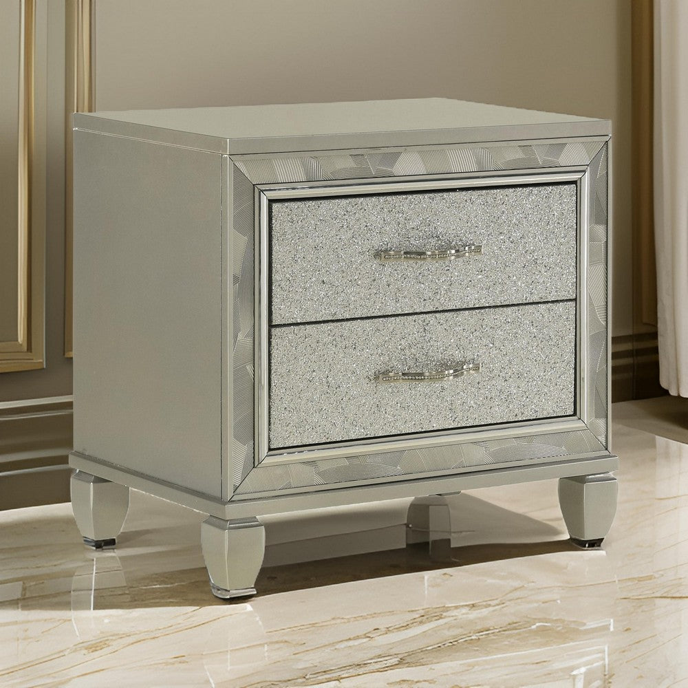 Bet 28 Inch Nightstand, 2 Rhinestone Inlaid Drawers, Chrome Handles, Silver By Casagear Home
