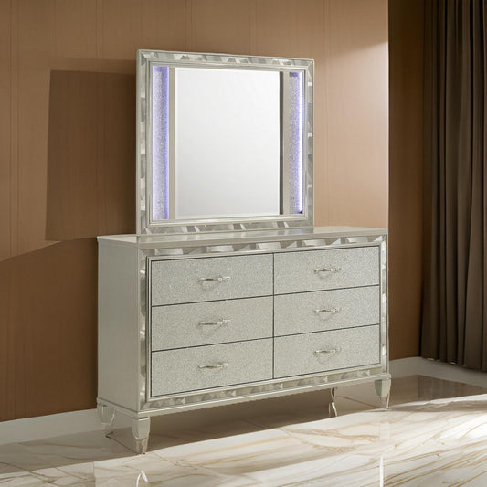 Bet 41 x 48 Dresser Mirror, Silver Solid Wood Frame with Rhinestone Inlay By Casagear Home