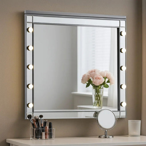 Lee 37 x 40 Vanity Mirror, 10 Light Bulb Sockets, Modern Silver Wood Frame By Casagear Home