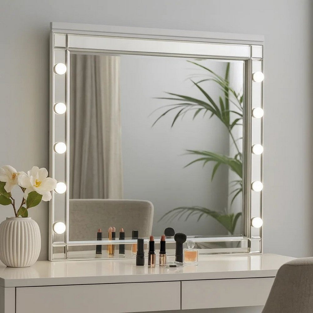 Lee 37 x 40 Vanity Mirror, 10 Light Bulb Sockets, Modern White Wood Frame By Casagear Home