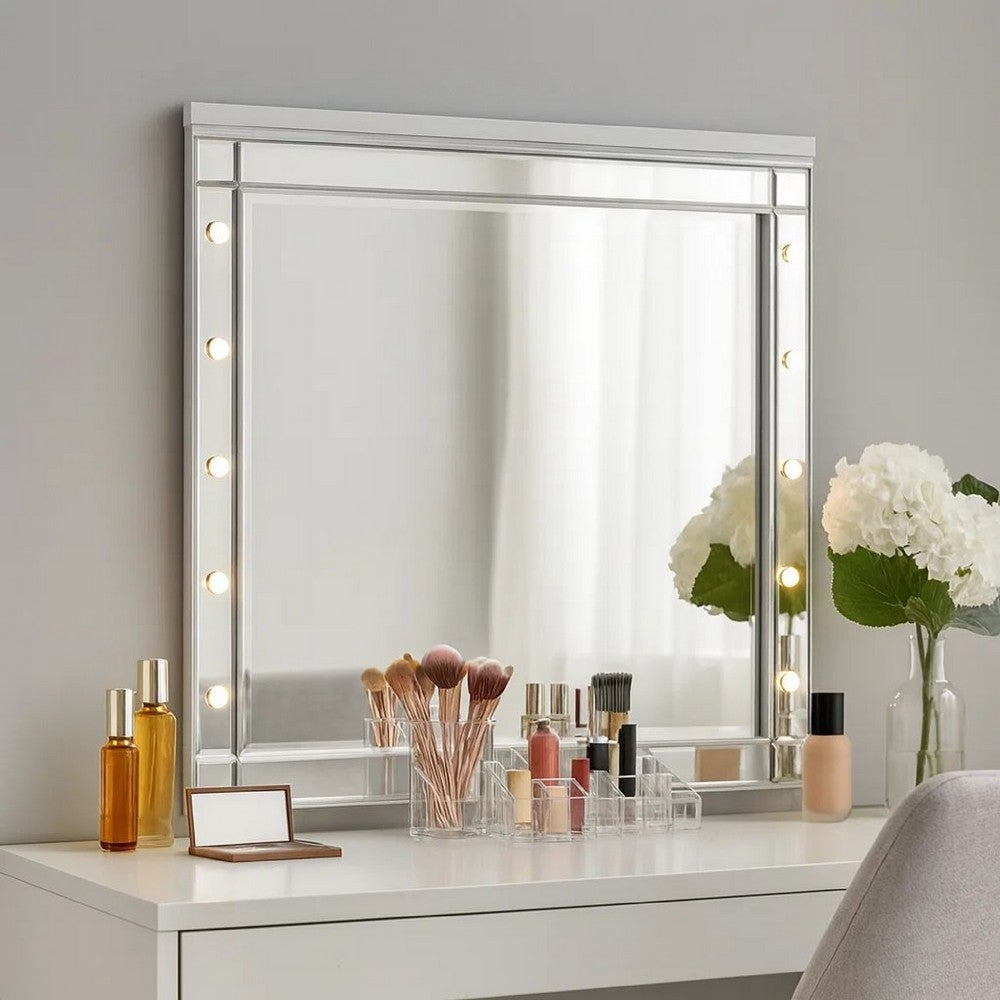 Lee 37 x 40 Vanity Mirror, 10 Light Bulb Sockets, Modern White Wood Frame By Casagear Home