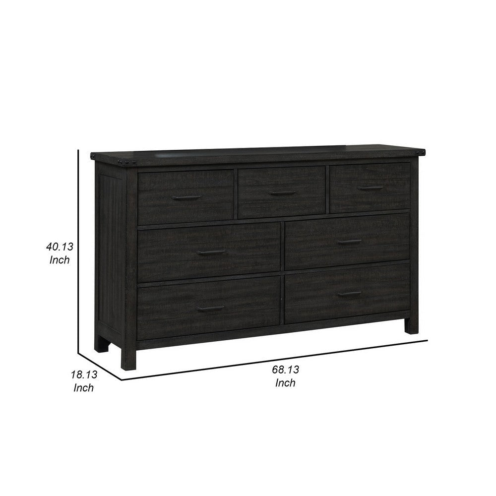 Galle 68 Inch Wide Dresser with 7 Drawers Black Metal Handles Gray Wood By Casagear Home BM309565