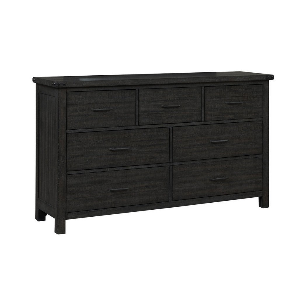 Galle 68 Inch Wide Dresser with 7 Drawers, Black Metal Handles, Gray Wood By Casagear Home