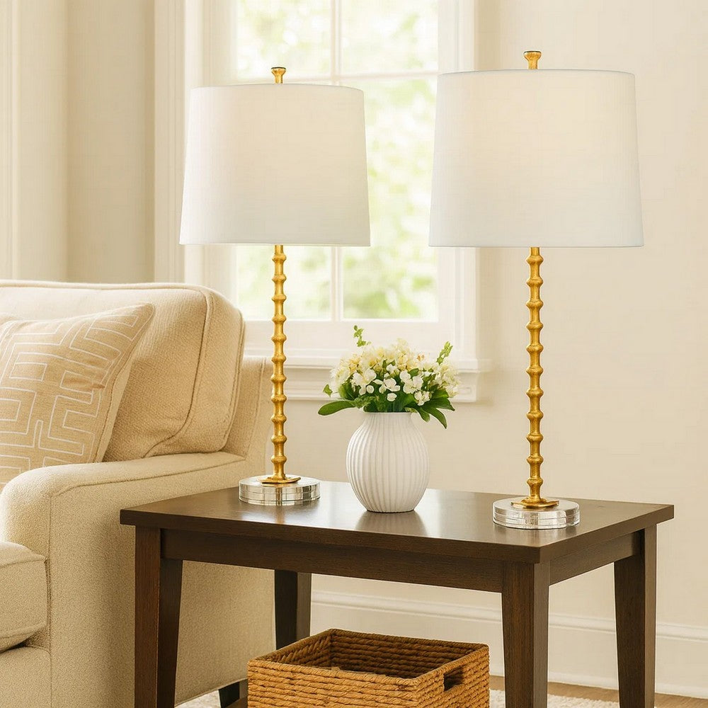 29 Inch Table Lamp, Set of 2, White Tapered Shade, Gold Leaf, Round Base By Casagear Home