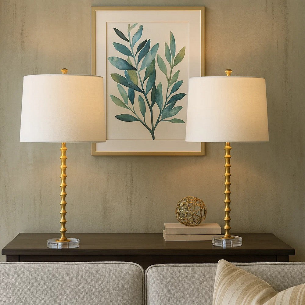 29 Inch Table Lamp, Set of 2, White Tapered Shade, Gold Leaf, Round Base By Casagear Home