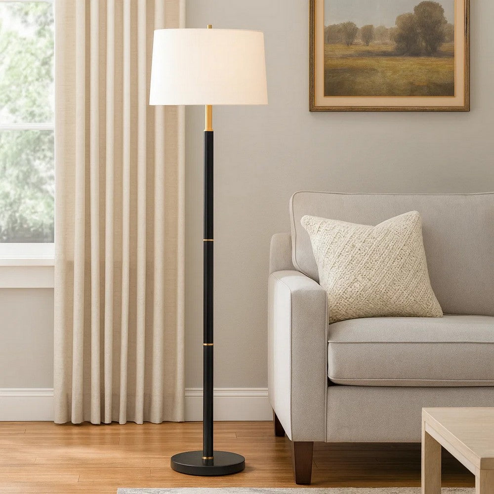 62 Inch Floor Lamp, White Tapered Hardback Shade, Black with Gold Accents By Casagear Home