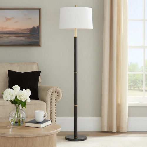 62 Inch Floor Lamp, White Tapered Hardback Shade, Black with Gold Accents By Casagear Home