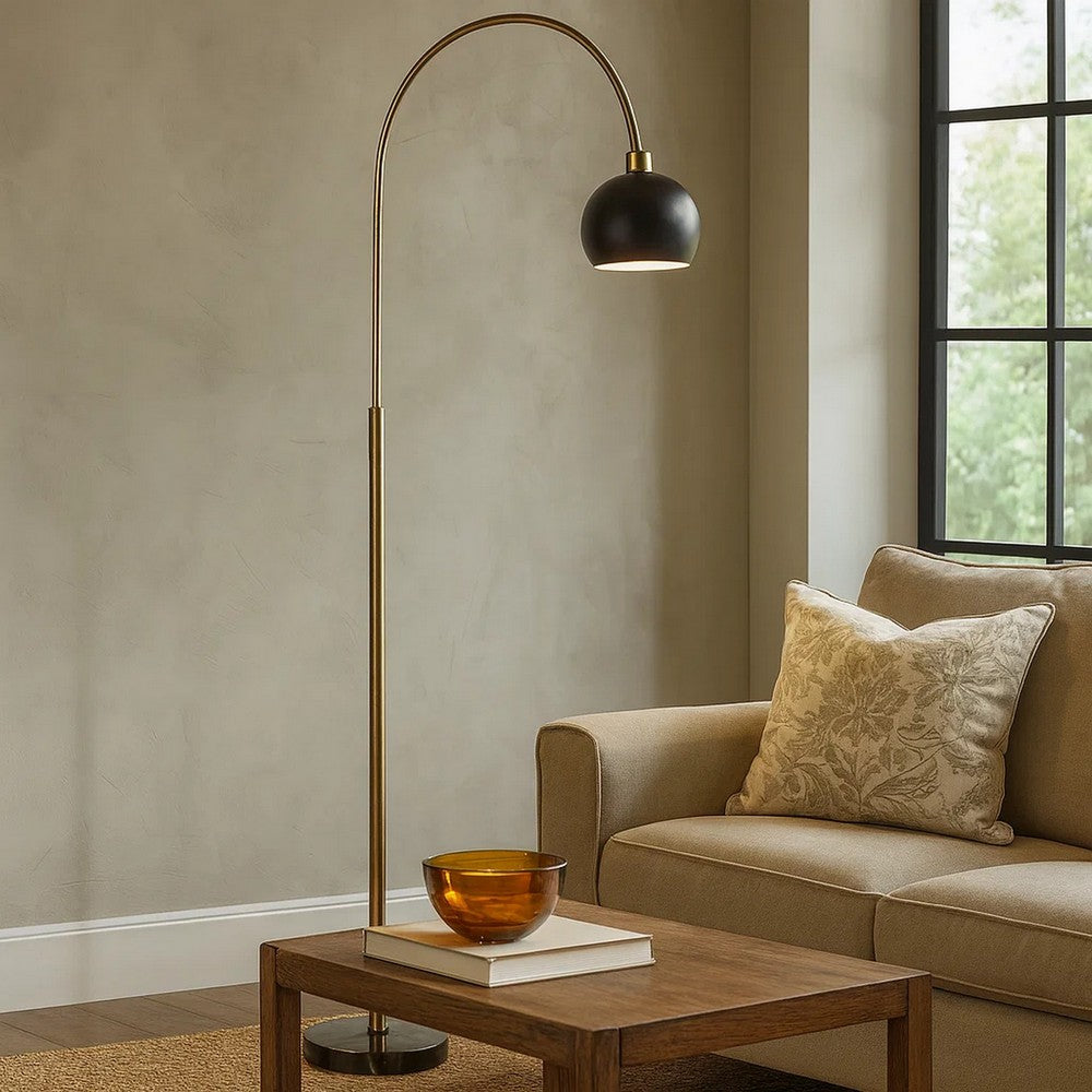 72 Inch Arc Floor Lamp, Black Metal Shade, Marble Foot, Antique Brass By Casagear Home
