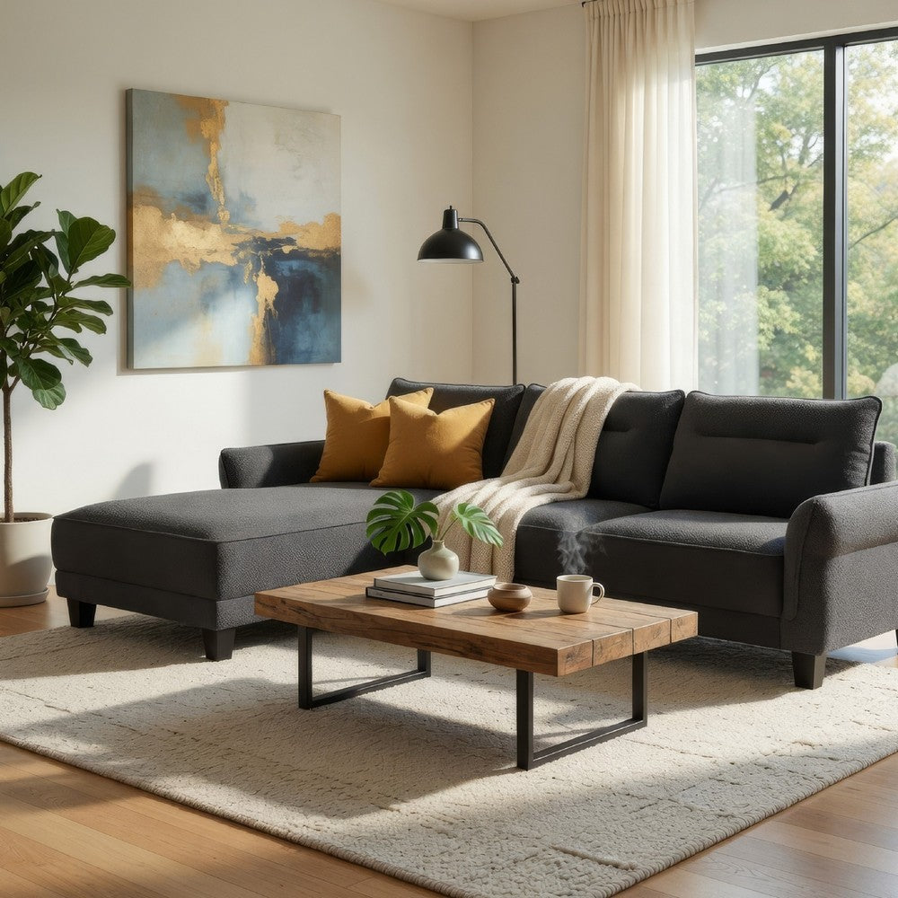 Cyra 110 Inch 2 Piece Sectional Sofa, Chaise, Gray Fabric, Welt Trim By Casagear Home