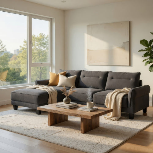 Cyra 110 Inch 2 Piece Sectional Sofa, Chaise, Gray Fabric, Welt Trim By Casagear Home