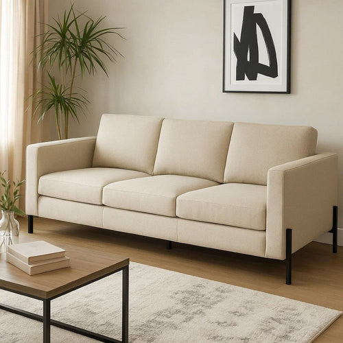 Zoya 82 Inch Sofa, Track Arms, Oatmeal Beige Fabric, Herringbone Design  By Casagear Home