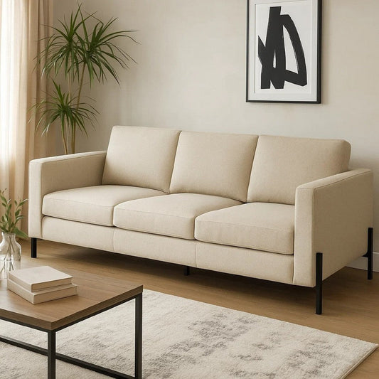 Zoya 82 Inch Sofa, Track Arms, Oatmeal Beige Fabric, Herringbone Design  By Casagear Home