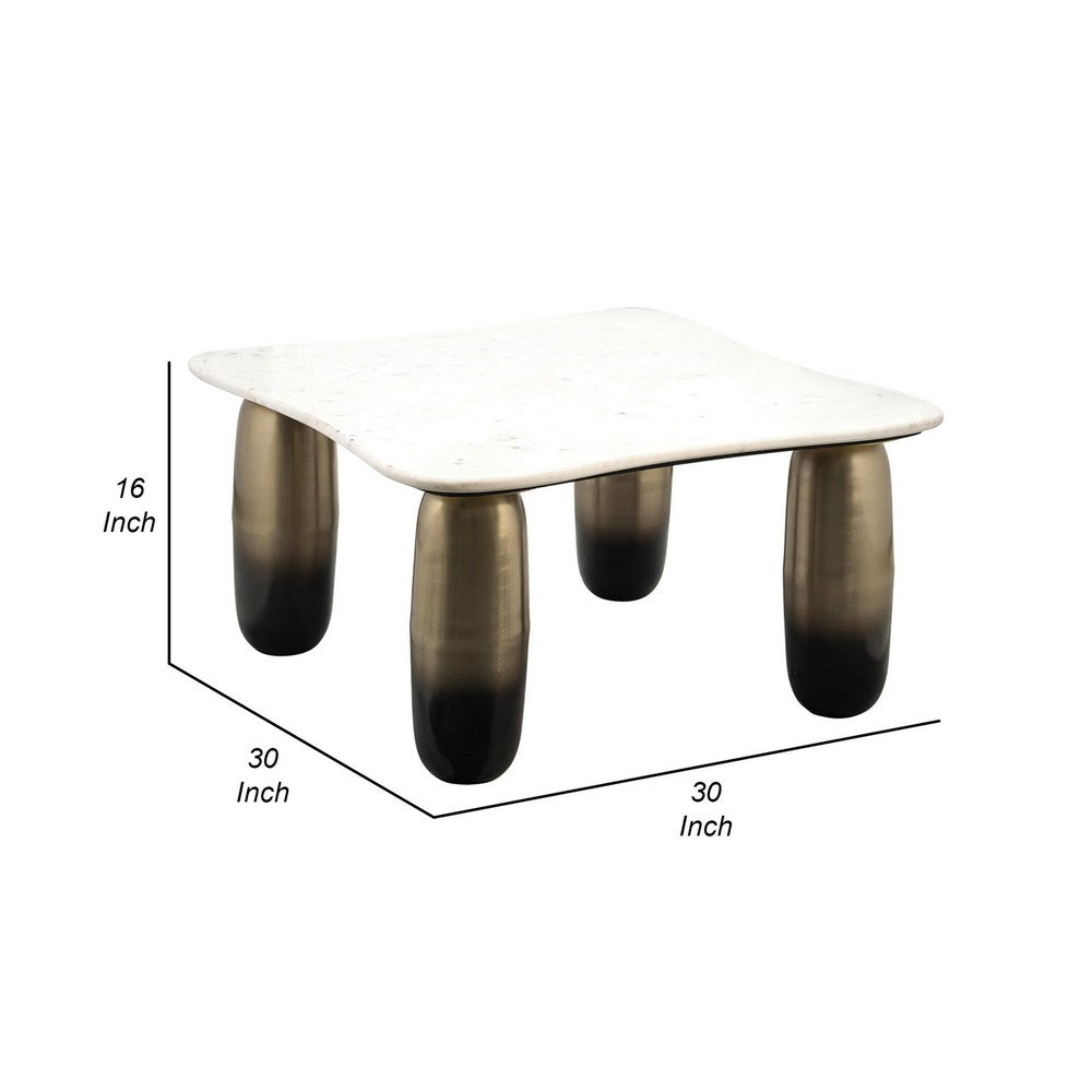 30 Inch Coffee Table Square White Marble Top Cylindrical Gold Metal Base By Casagear Home BM309616