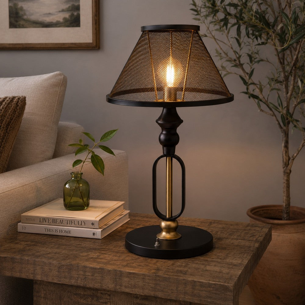 19 Inch Table Lamp, Round Metal Mesh Shade, Hollow Body, Black, Gold Stand By Casagear Home