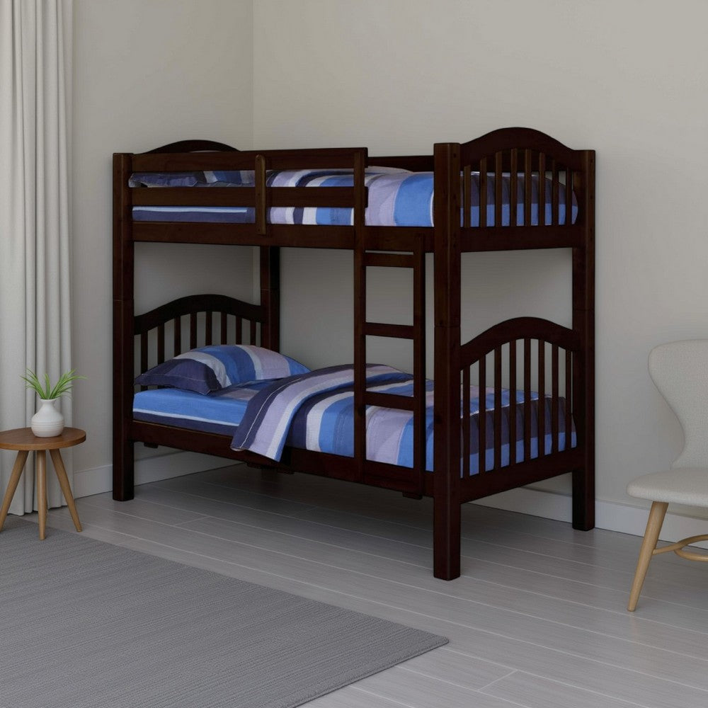 Twin Over Twin Bunk Bed, Pine Wood, Slatted Headboard, Espresso Brown  By Casagear Home