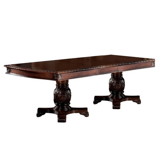 Loki Dining Table, 66-96 Inch Extendable, Brown Ornate Leaf Motifs and Trim By Casagear Home