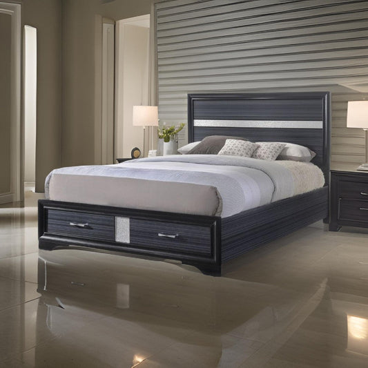 Nae Queen Size Bed, Rubberwood, Gray, Textured, Shimmery Acrylic Trim  By Casagear Home