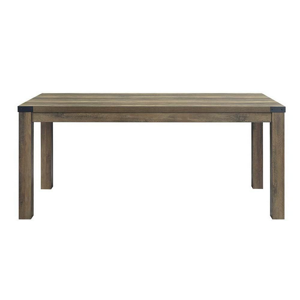 Eli 71 Inch Dining Table, Distressed Rustic Gray, Industrial Metal Rivets By Casagear Home