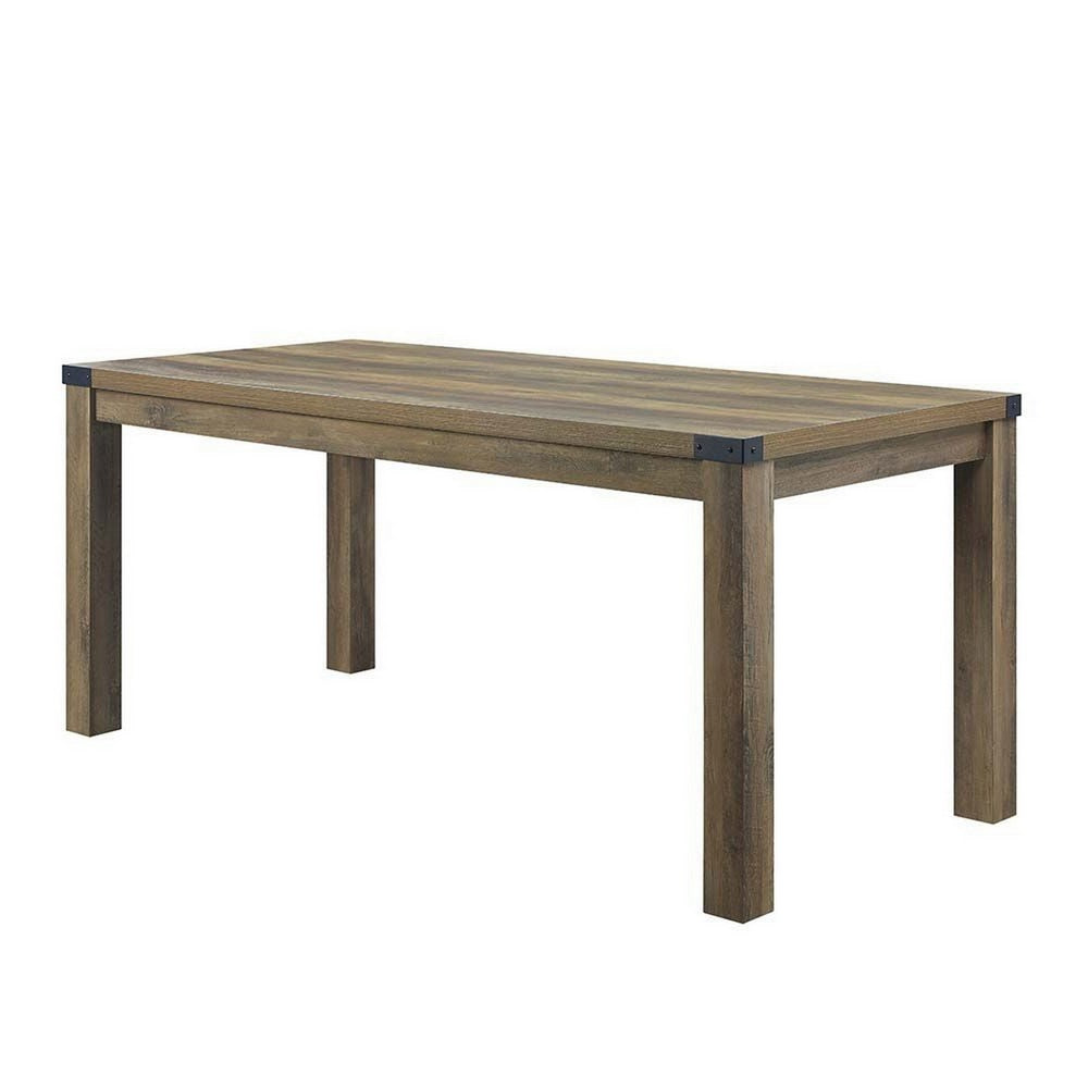 Eli 71 Inch Dining Table, Distressed Rustic Gray, Industrial Metal Rivets By Casagear Home