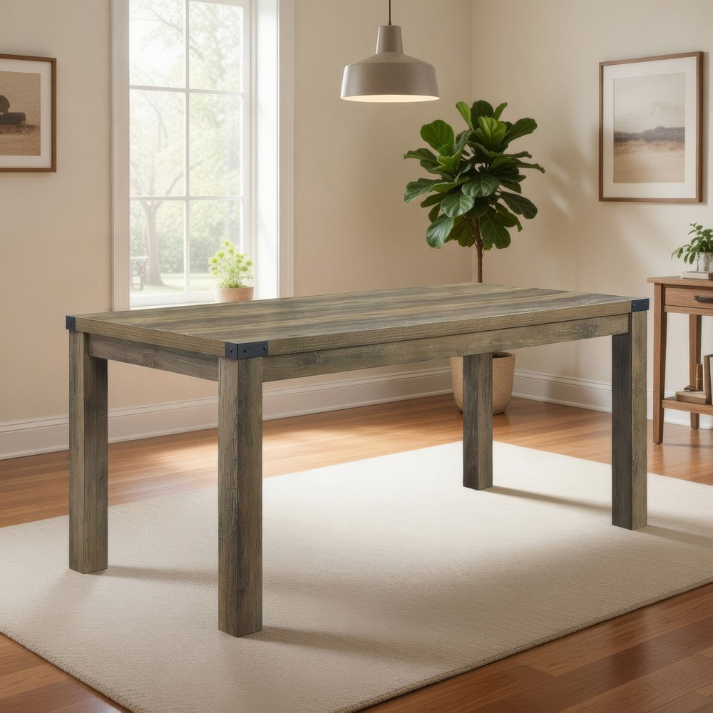 Eli 71 Inch Dining Table, Distressed Rustic Gray, Industrial Metal Rivets By Casagear Home