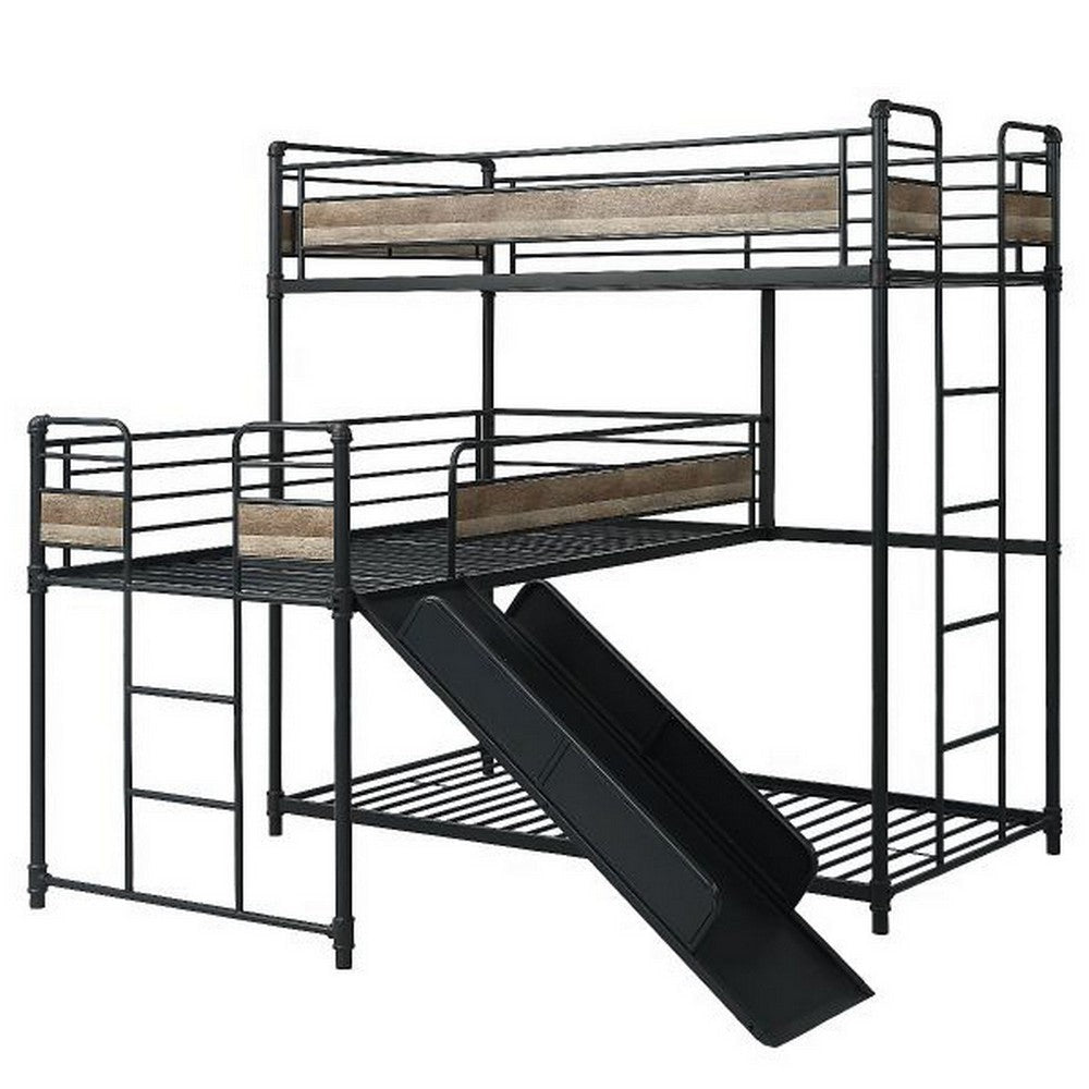 Triple Twin Bunk Bed with Slide MDF Antique Oak and Smooth Gray Finish By Casagear Home BM309644