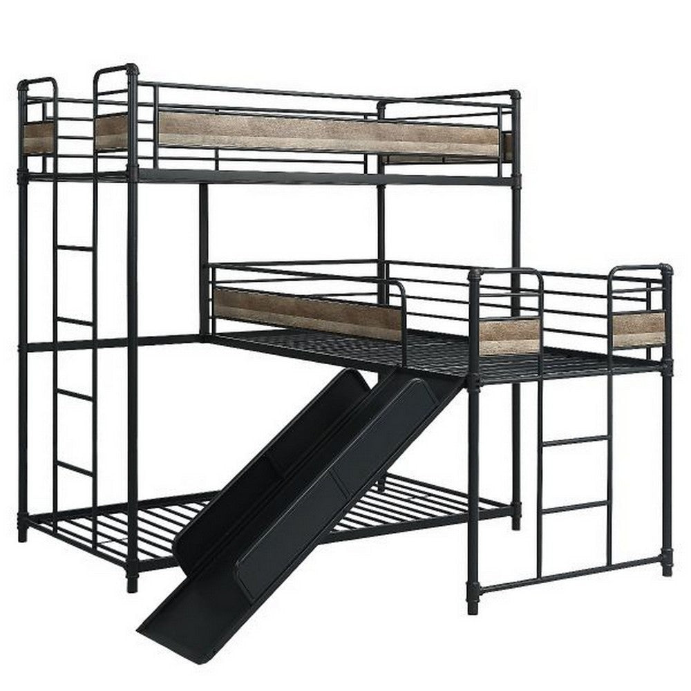 Triple Twin Bunk Bed with Slide, MDF, Antique Oak and Smooth Gray Finish By Casagear Home