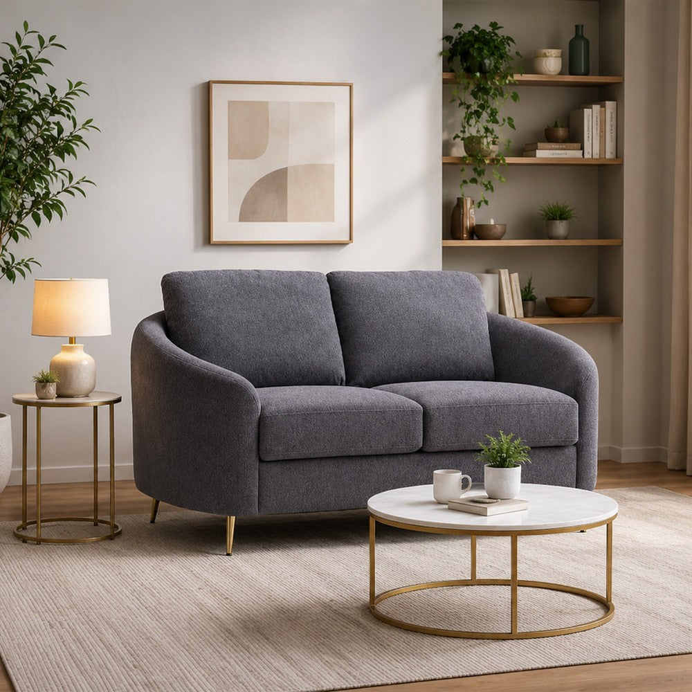 Nial 60 Inch Loveseat, Linen Upholstery, Pine Wood, Smooth Gray, Gold Legs By Casagear Home