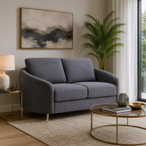 Nial 60 Inch Loveseat, Linen Upholstery, Pine Wood, Smooth Gray, Gold Legs By Casagear Home