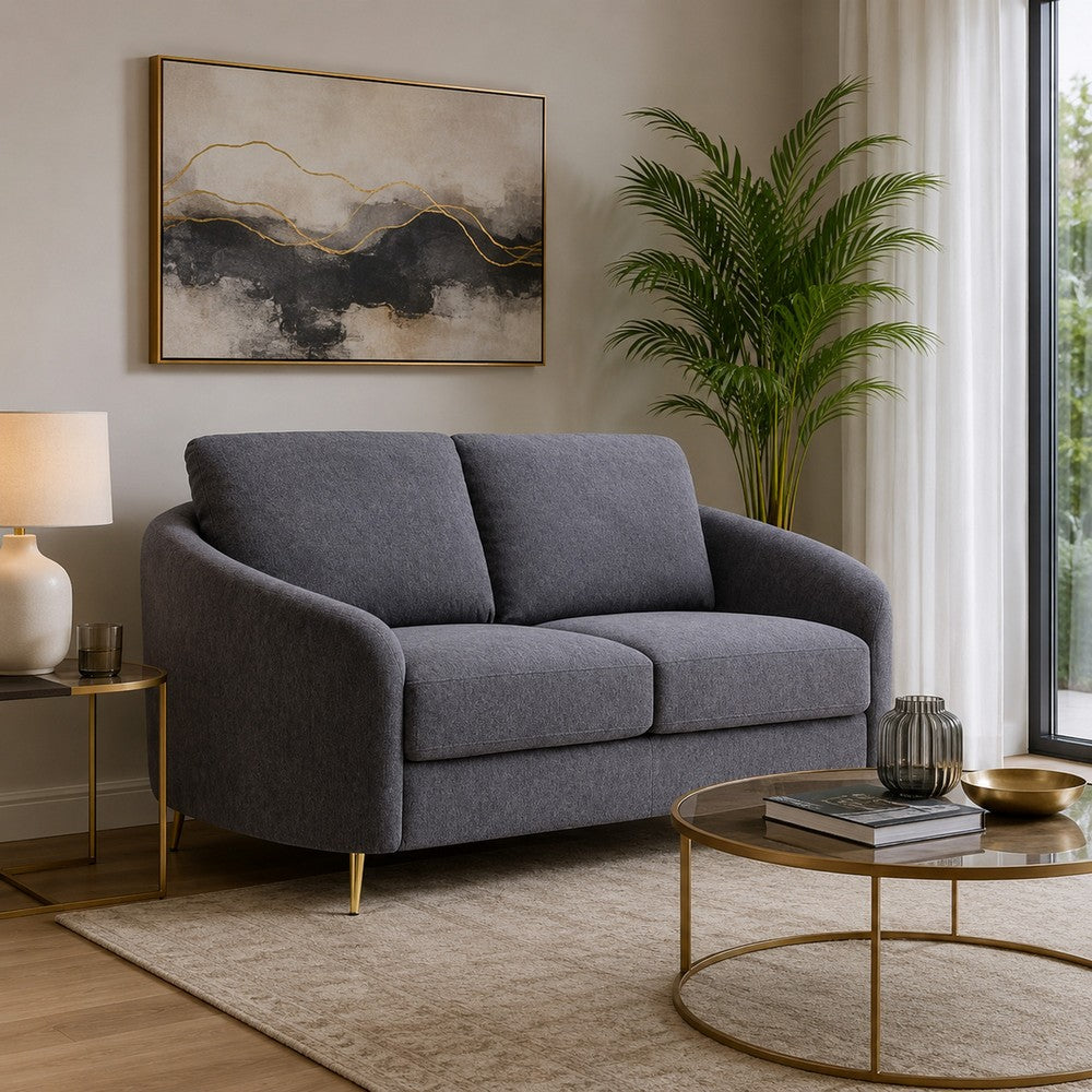 Nial 60 Inch Loveseat, Linen Upholstery, Pine Wood, Smooth Gray, Gold Legs By Casagear Home