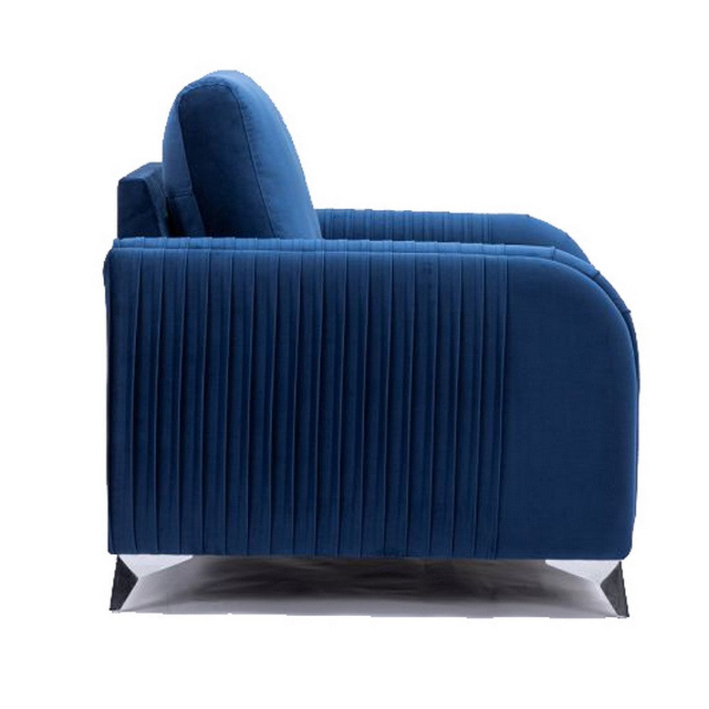 Wiena 59 Inch Loveseat Velvet Upholstery Solid Pine Wood Blue and Chrome By Casagear Home BM309649