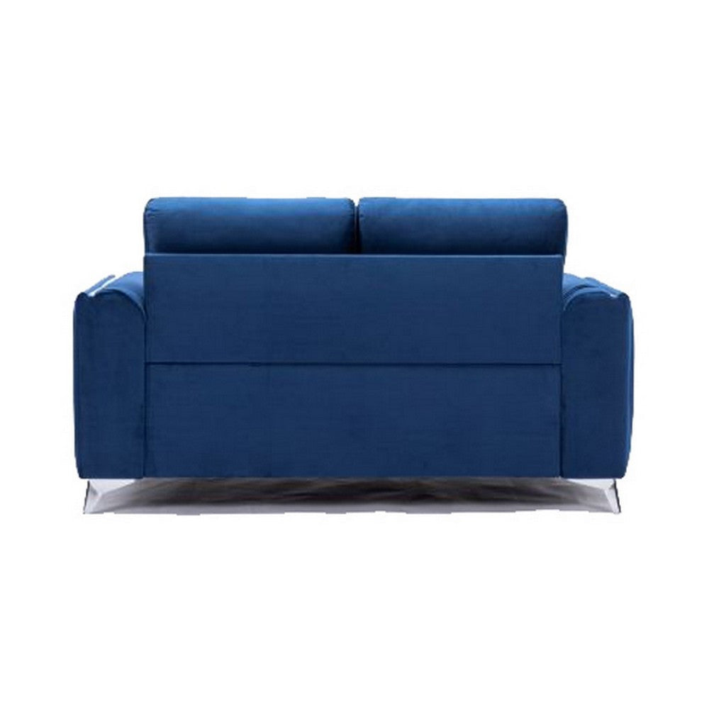 Wiena 59 Inch Loveseat Velvet Upholstery Solid Pine Wood Blue and Chrome By Casagear Home BM309649