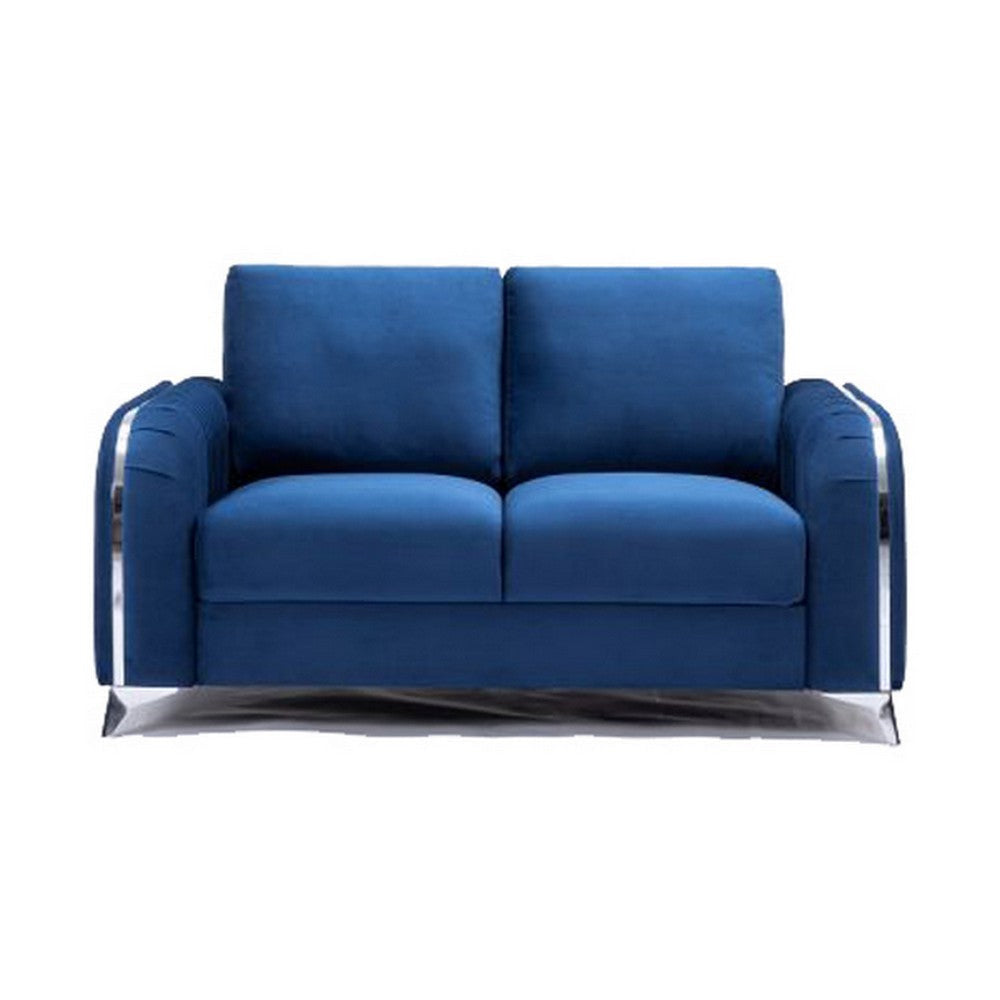 Wiena 59 Inch Loveseat, Velvet Upholstery, Solid Pine Wood, Blue and Chrome By Casagear Home