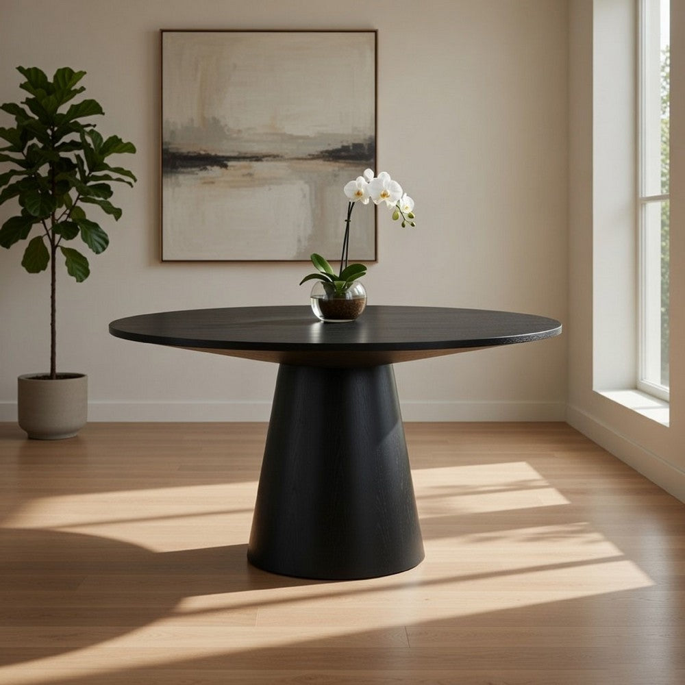 Fin 59 Inch Dining Table, Round Surface, Pedestal Base, Rubberwood, Black By Casagear Home