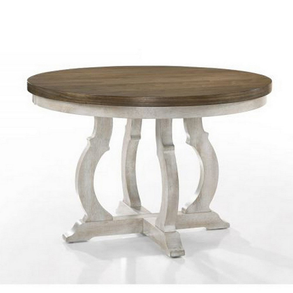 Siki 47 Inch Dining Table Round Top Rubberwood Walnut and Antique White By Casagear Home BM309651