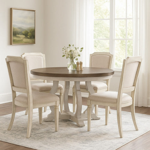 Siki 47 Inch Dining Table, Round Top, Rubberwood, Walnut and Antique White By Casagear Home