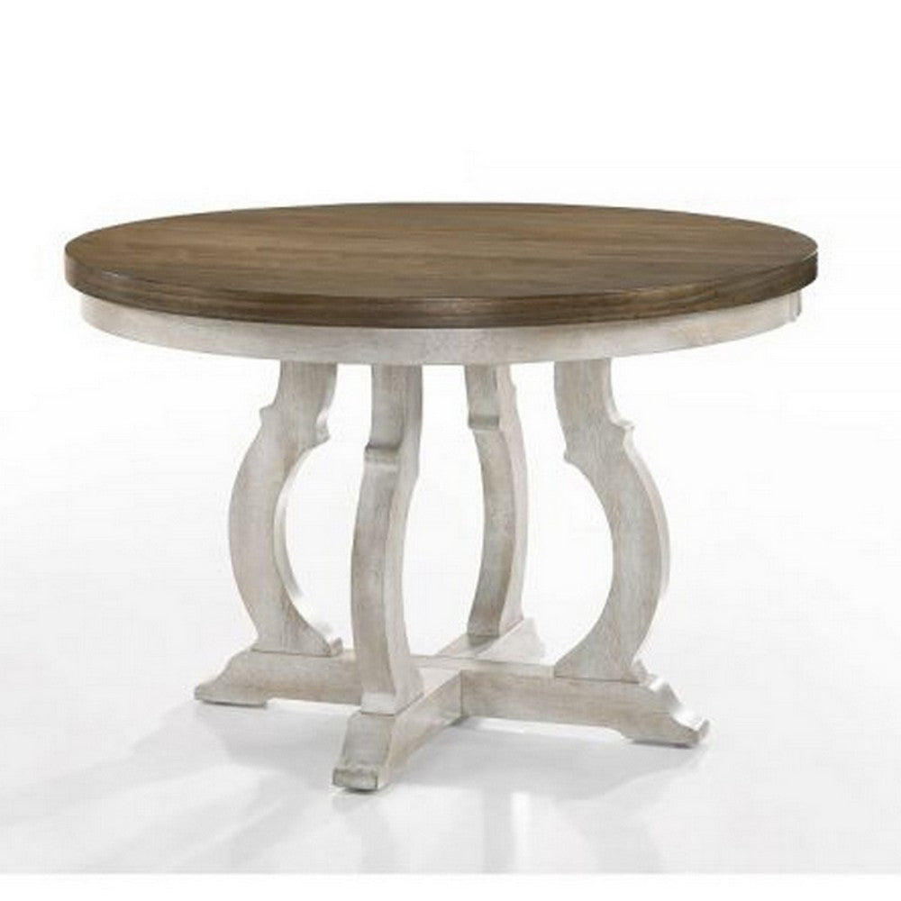 Siki 47 Inch Dining Table, Round Top, Rubberwood, Walnut and Antique White By Casagear Home