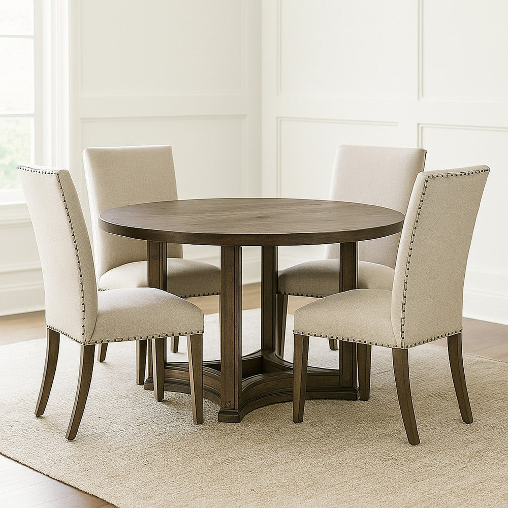 Stacy 47 Inch Dining Table, Round Tabletop, Rubberwood, Weathered Oak  By Casagear Home