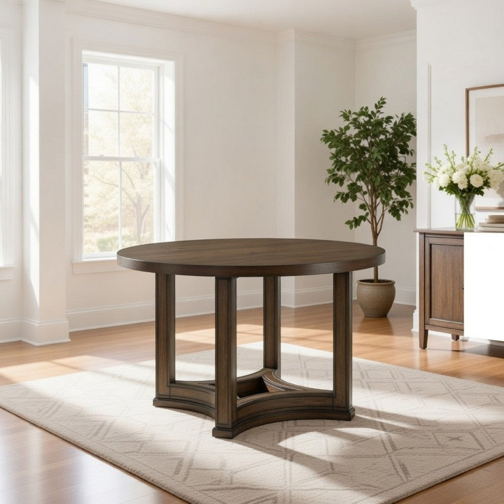 Stacy 47 Inch Dining Table, Round Tabletop, Rubberwood, Weathered Oak  By Casagear Home