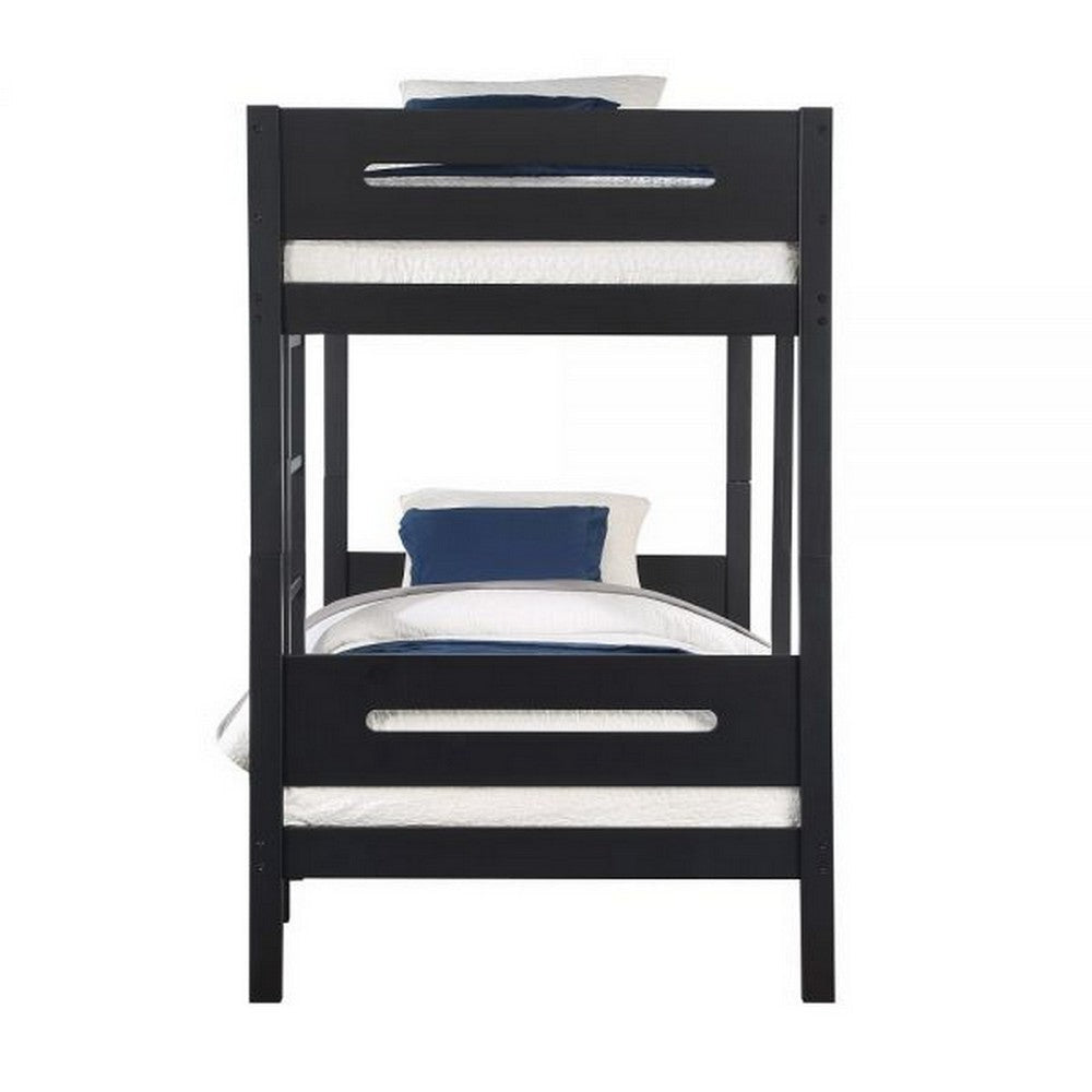 Asin Twin Bunk Bed with Front Facing Ladder Solid Pine Wood Black Finish By Casagear Home BM309654