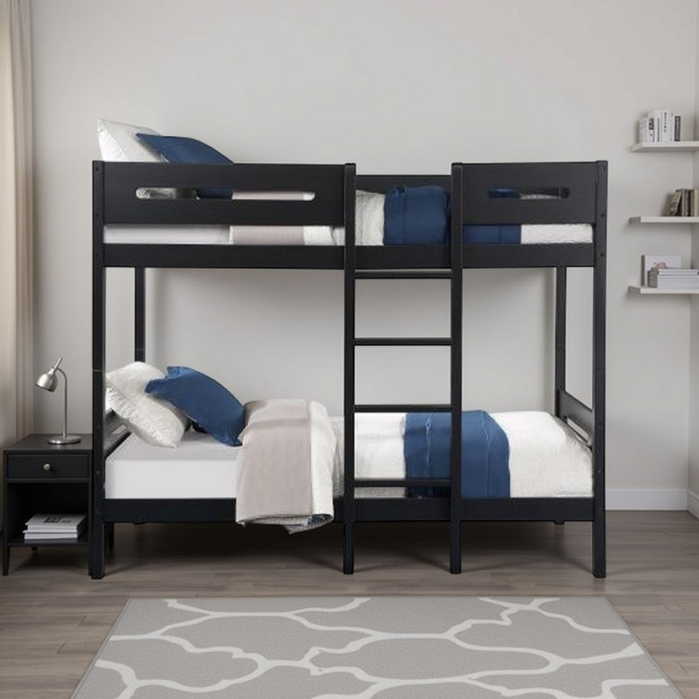 Asin Twin Bunk Bed with Front Facing Ladder, Solid Pine Wood, Black Finish By Casagear Home