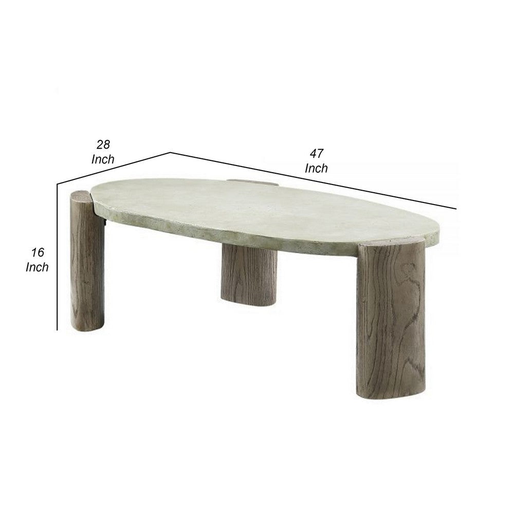 47 Inch Coffee Table Oval Shape Cement Top Smooth Gray and Oak Brown By Casagear Home BM309655