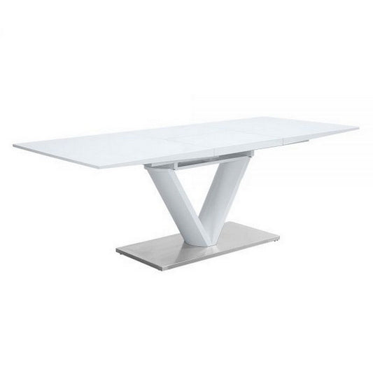 63-86 Inch Dining Table, Butterfly Extension Leaf, V-Shaped Base, White By Casagear Home