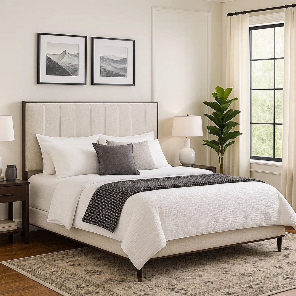 Aren King Bed, Light Gray Fabric Upholstery, Crisp White and Smooth Brown By Casagear Home