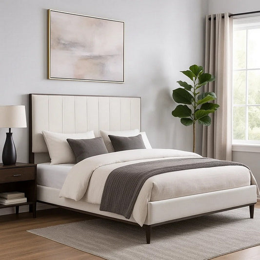 Aren King Bed, Light Gray Fabric Upholstery, Crisp White and Smooth Brown By Casagear Home