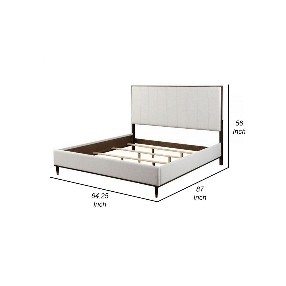 Aren Queen Bed Light Gray Fabric Upholstery Crisp White and Smooth Brown By Casagear Home BM309659