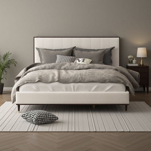 Aren Queen Bed, Light Gray Fabric Upholstery, Crisp White and Smooth Brown By Casagear Home