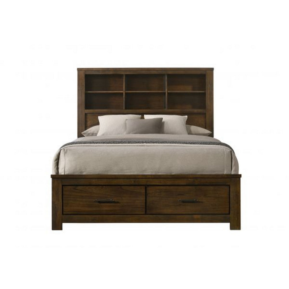 Maryl Queen Bed with Bookcase Headboard Solid Wood Oak Brown Finish By Casagear Home BM309660